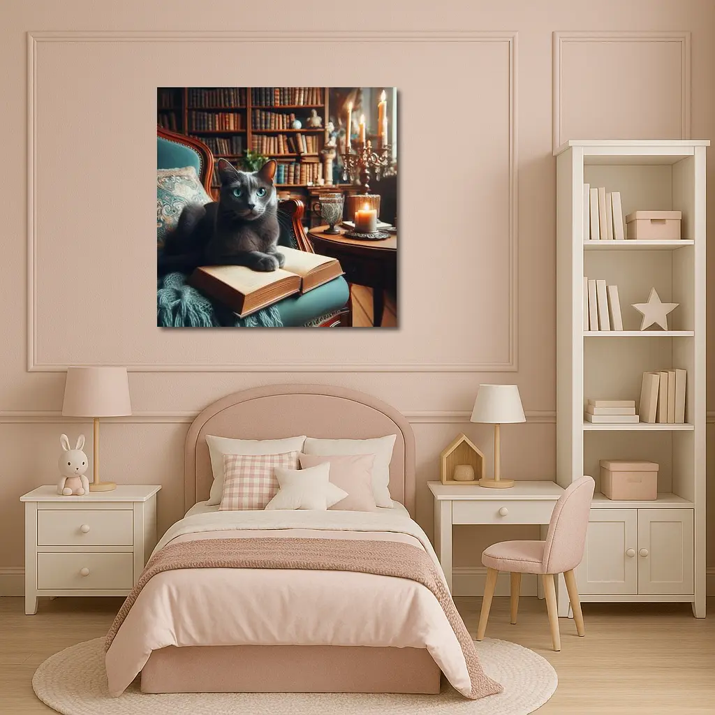 Russian Blue Cat Reading Library Cozy Interior – Wall Art