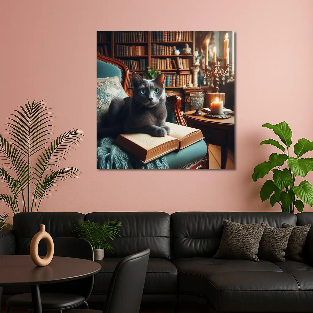 Russian Blue Cat Reading Library Cozy Interior – Wall Art