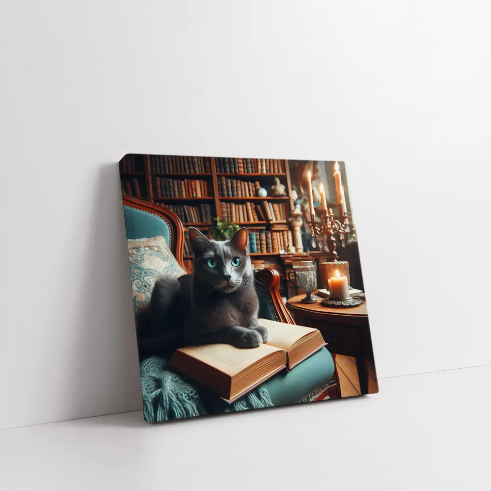 Russian Blue Cat Reading Library Cozy Interior – Wall Art