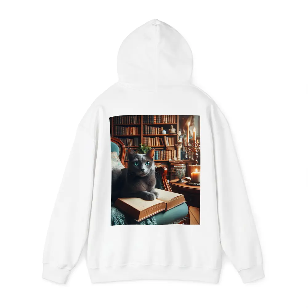 Russian Blue Cat Reading Library Cozy Interior – Hoodies
