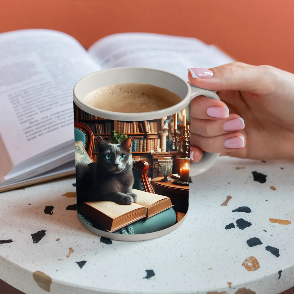 Russian Blue Cat Reading Library Cozy Interior – Mugs