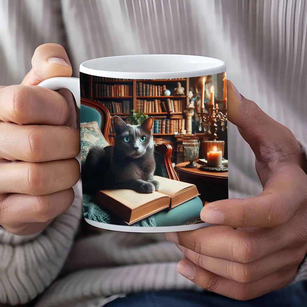 Russian Blue Cat Reading Library Cozy Interior – Mugs