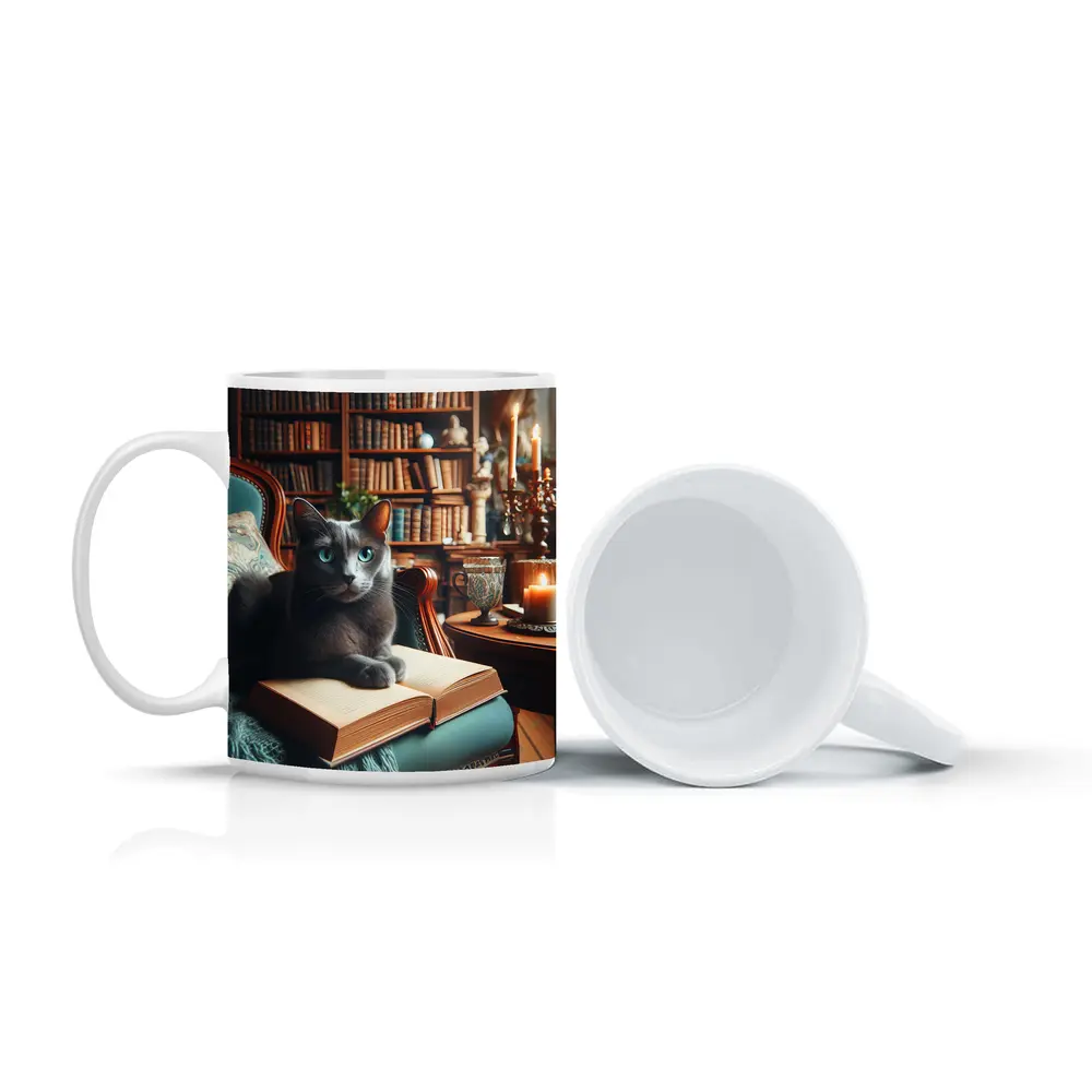 Russian Blue Cat Reading Library Cozy Interior – Mugs