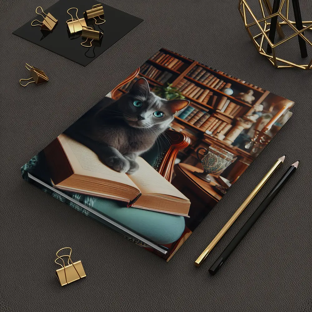 Russian Blue Cat Reading Library Cozy Interior – Notebooks