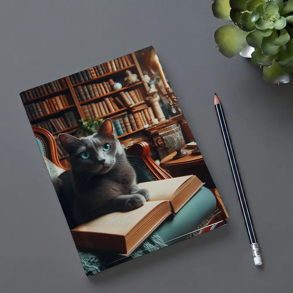 Russian Blue Cat Reading Library Cozy Interior – Notebooks