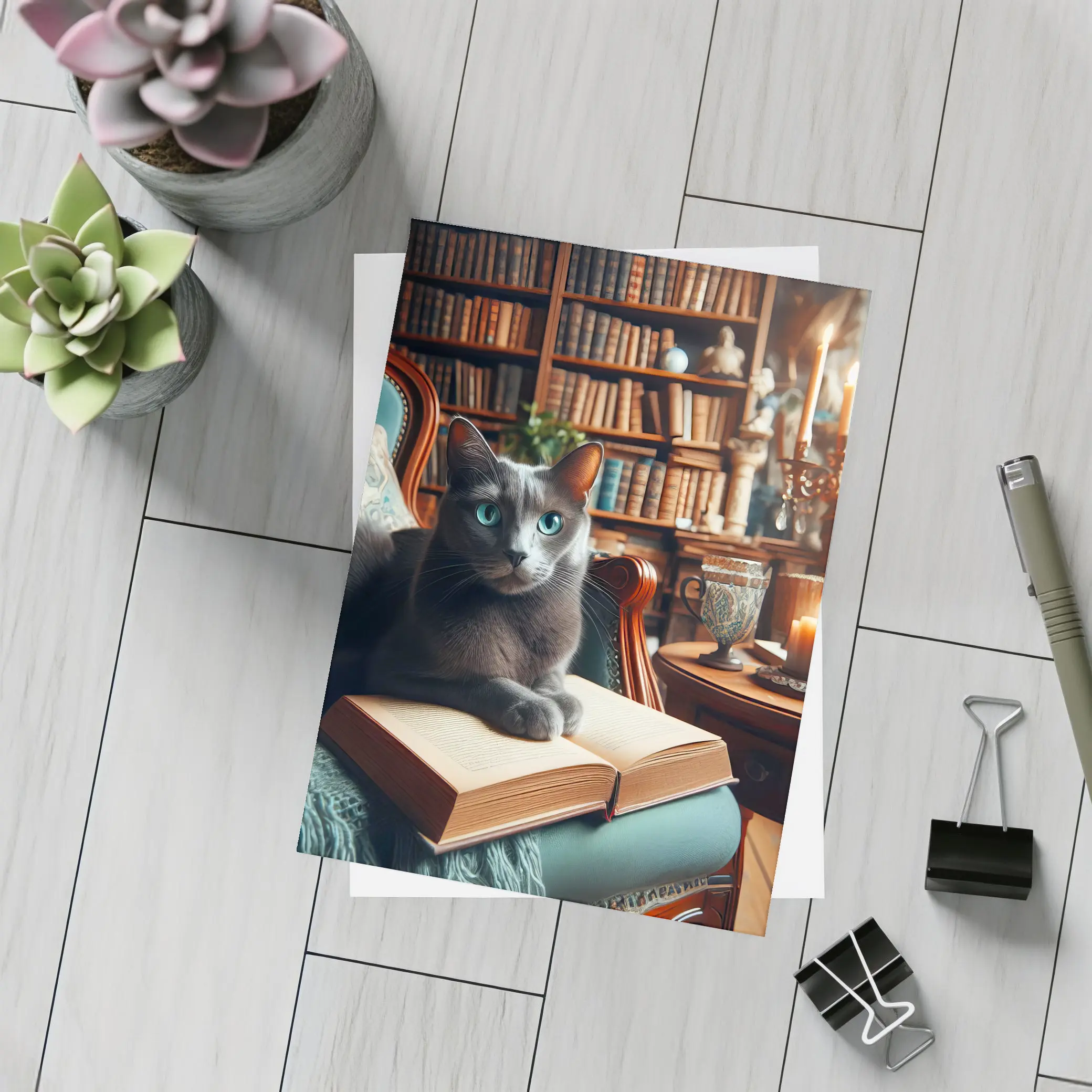 Russian Blue Cat Reading Library Cozy Interior – Postcards