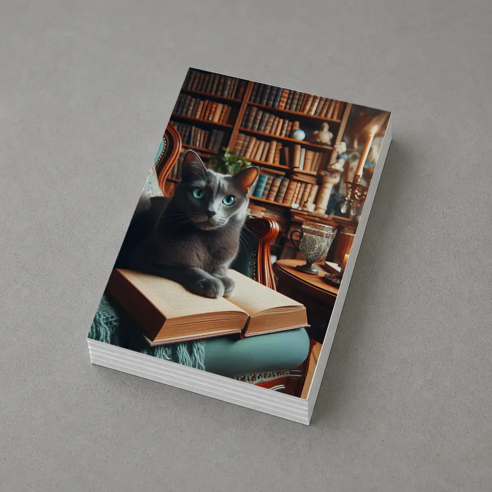 Russian Blue Cat Reading Library Cozy Interior – Postcards