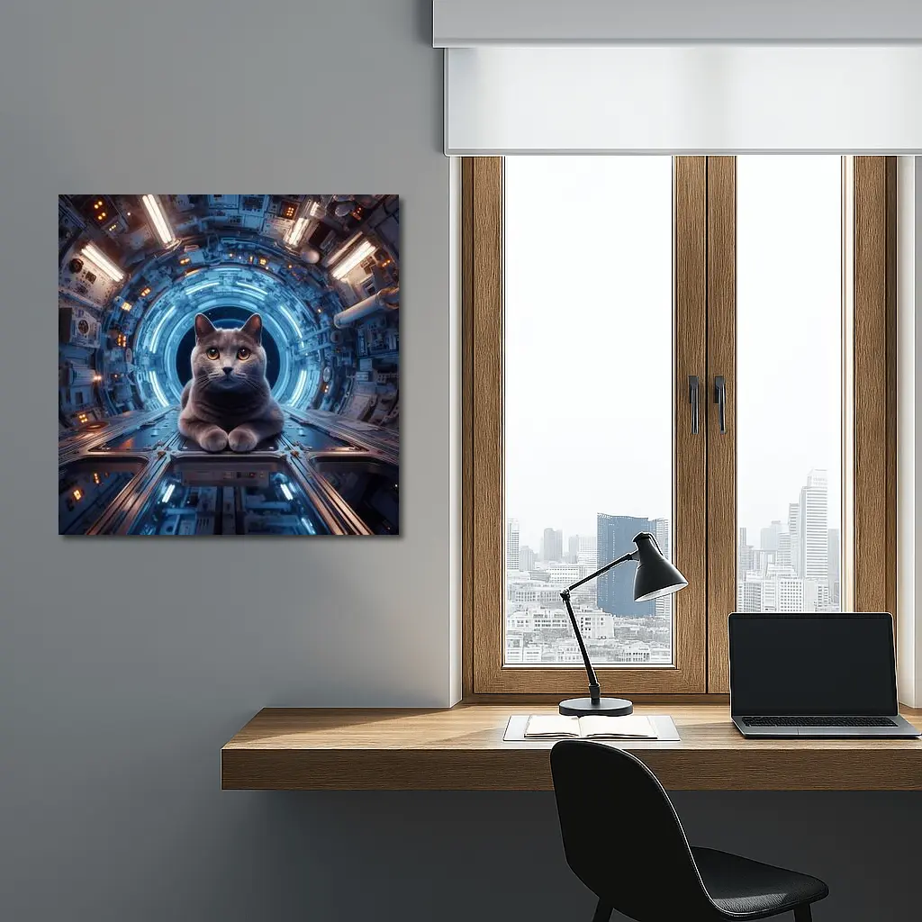 Gray Cat Inside Futuristic Space Station – Wall Art