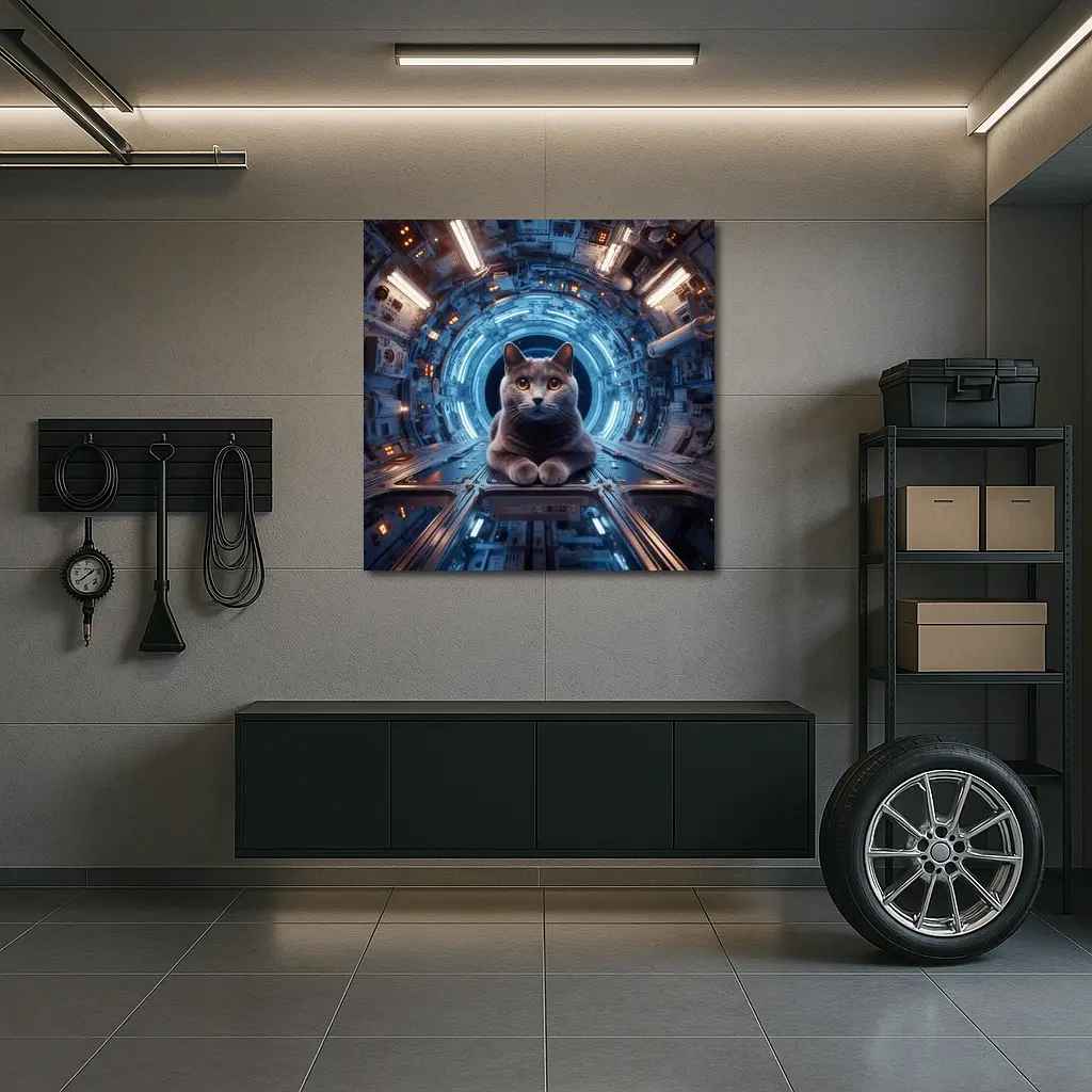 Gray Cat Inside Futuristic Space Station – Wall Art