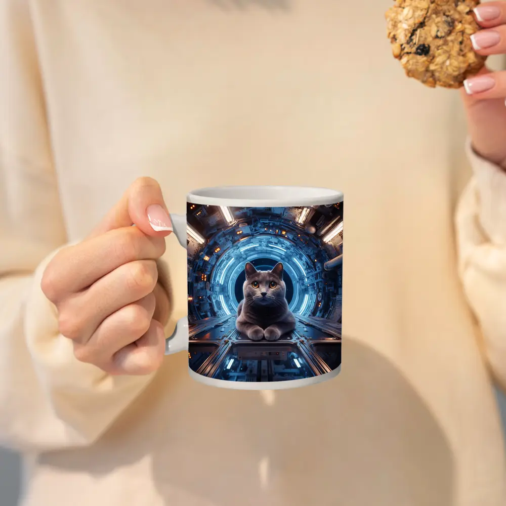 Gray Cat Inside Futuristic Space Station – Mugs