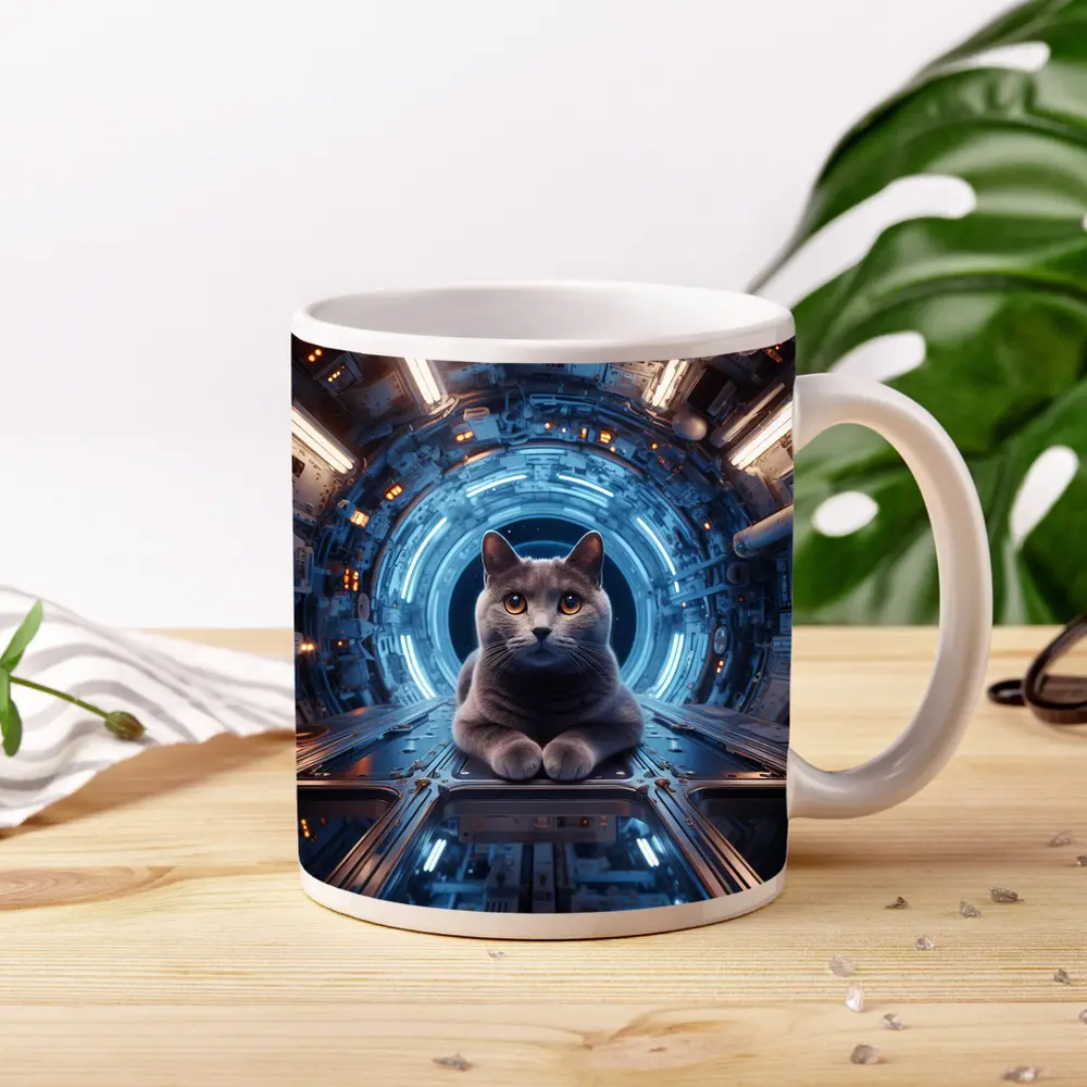 Gray Cat Inside Futuristic Space Station – Mugs