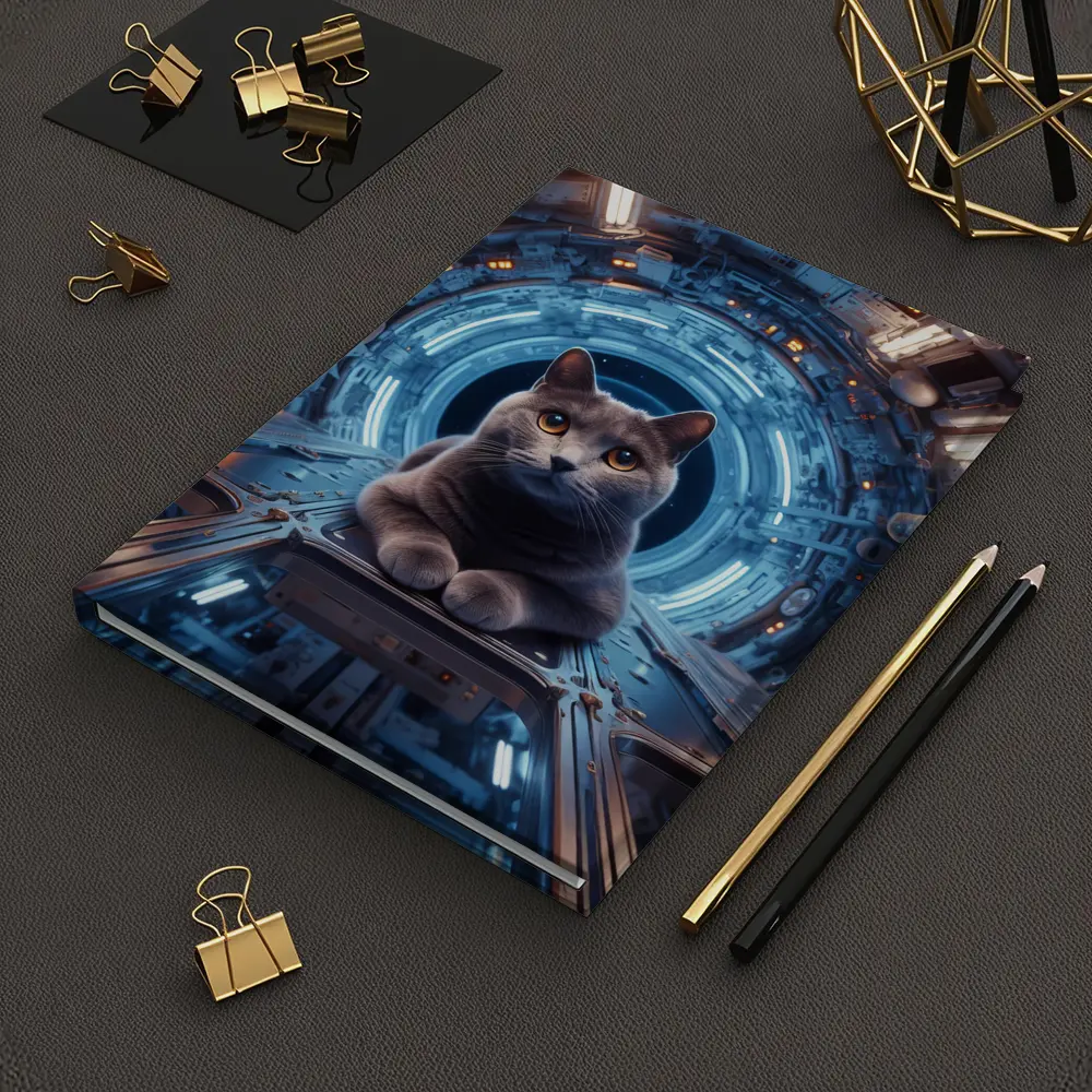 Gray Cat Inside Futuristic Space Station – Notebooks