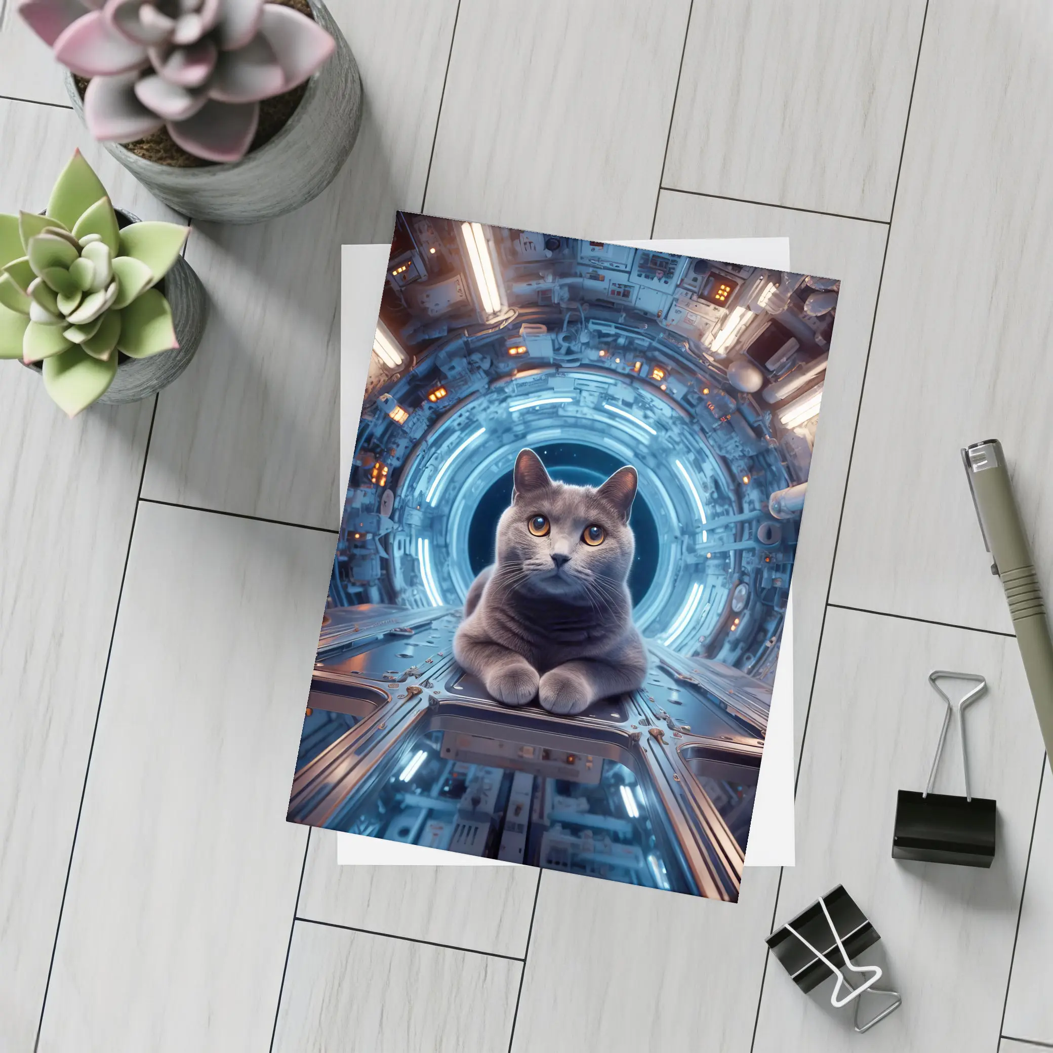 Gray Cat Inside Futuristic Space Station – Postcards