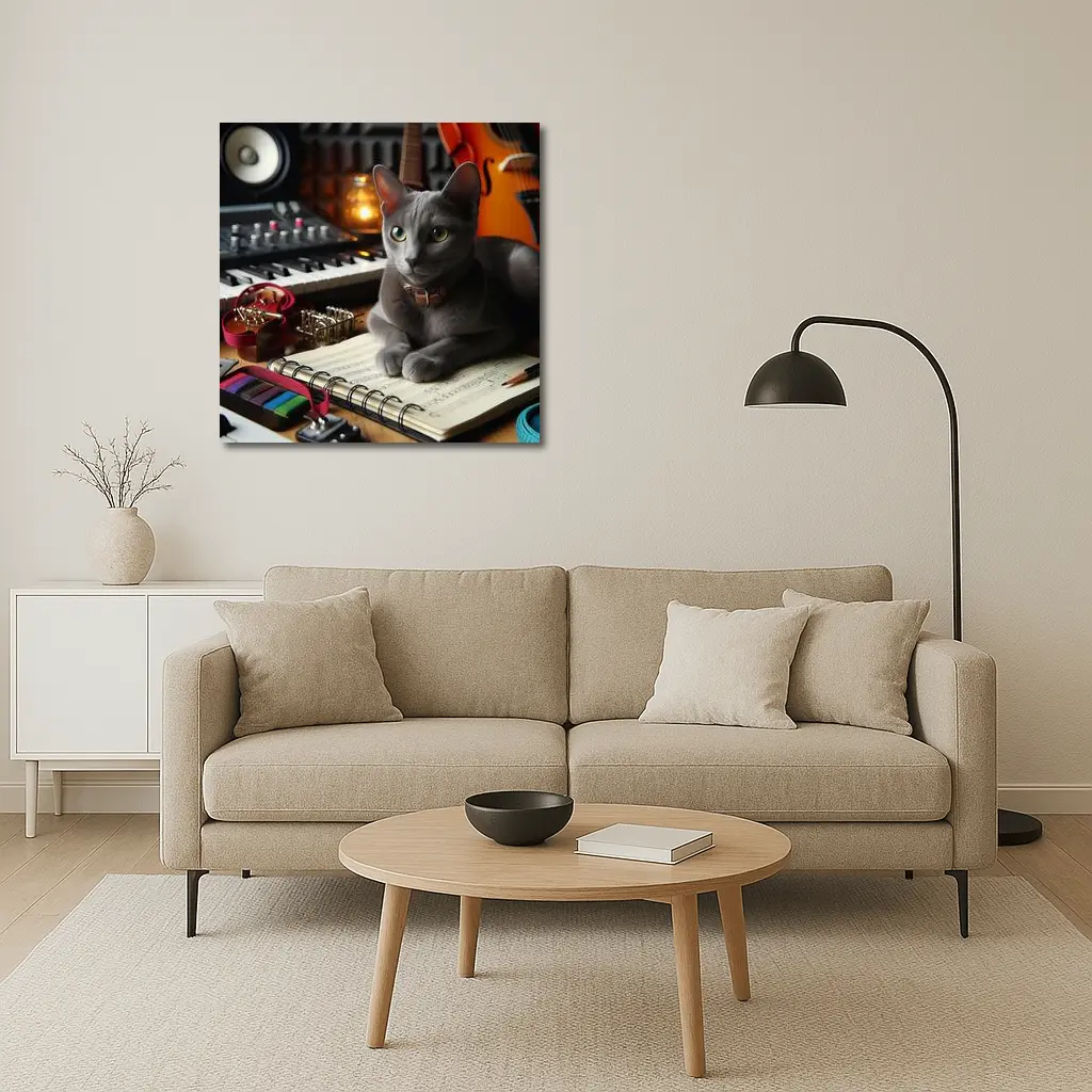 Russian Blue Cat Music Studio Scene – Wall Art