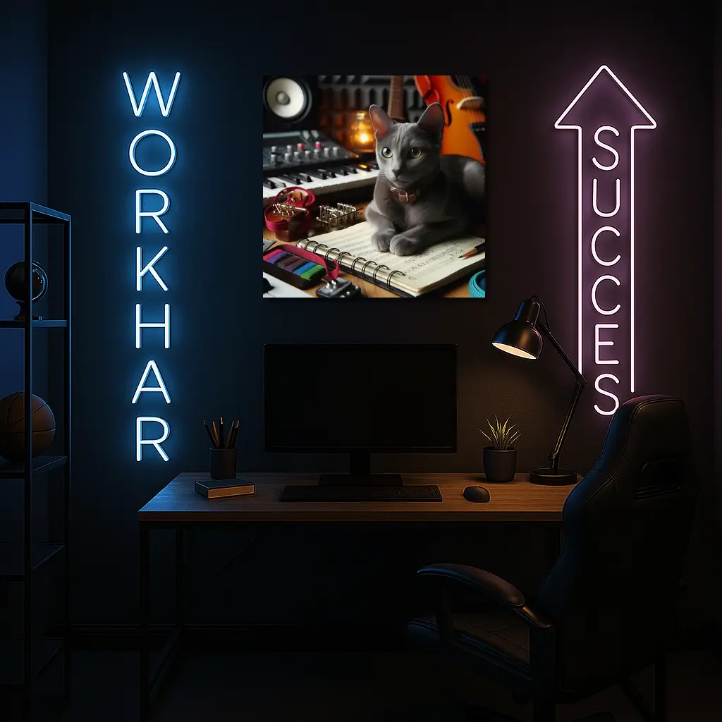 Russian Blue Cat Music Studio Scene – Wall Art