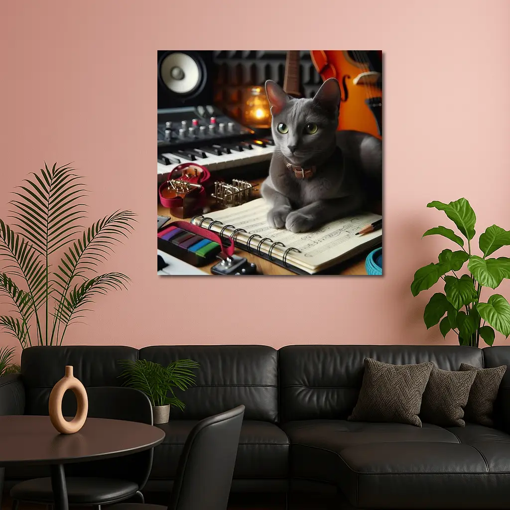 Russian Blue Cat Music Studio Scene – Wall Art