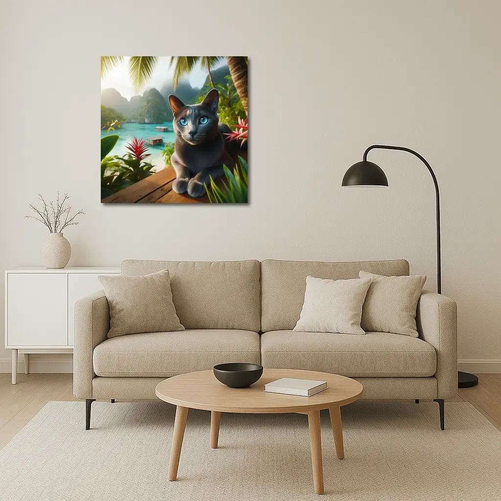Russian Blue Cat Tropical Island Paradise – Wall Art