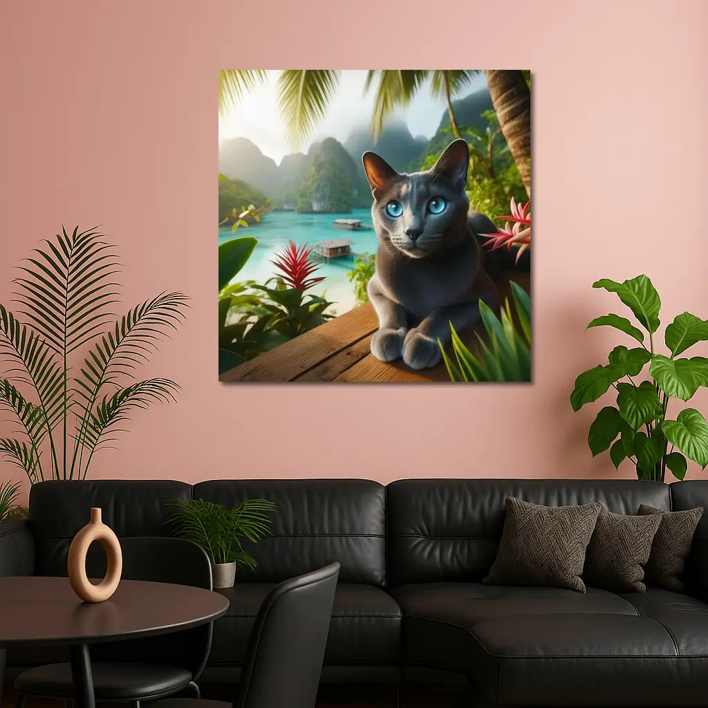Russian Blue Cat Tropical Island Paradise – Wall Art