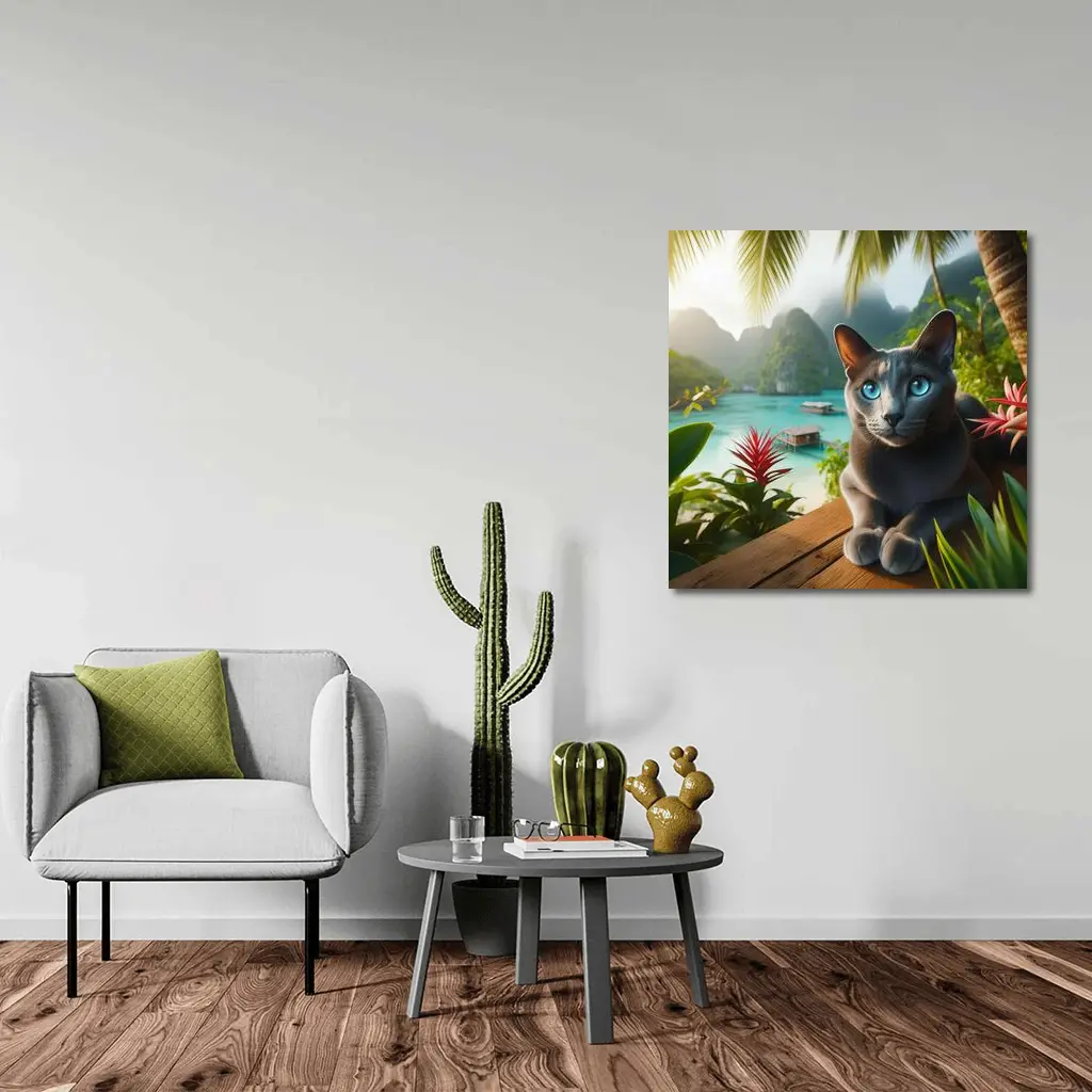 Russian Blue Cat Tropical Island Paradise – Wall Art
