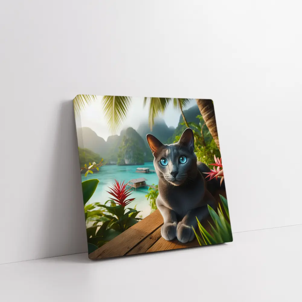 Russian Blue Cat Tropical Island Paradise – Wall Art