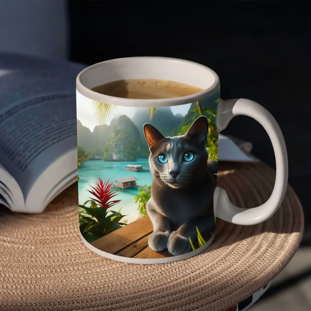 Russian Blue Cat Tropical Island Paradise – Mugs