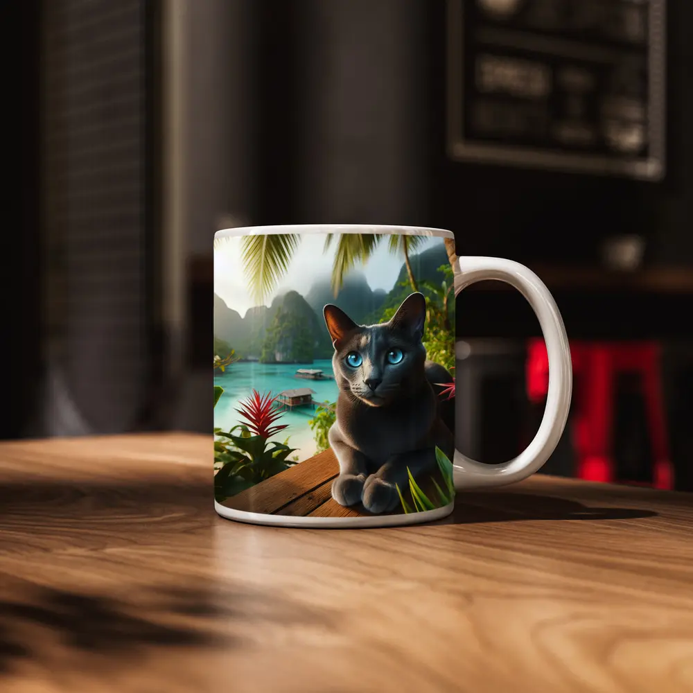 Russian Blue Cat Tropical Island Paradise – Mugs