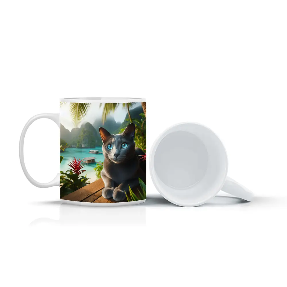 Russian Blue Cat Tropical Island Paradise – Mugs