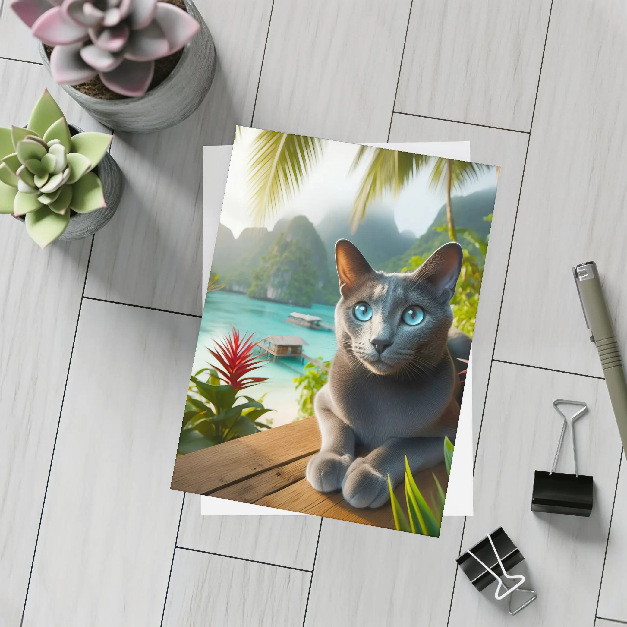Russian Blue Cat Tropical Island Paradise – Postcards