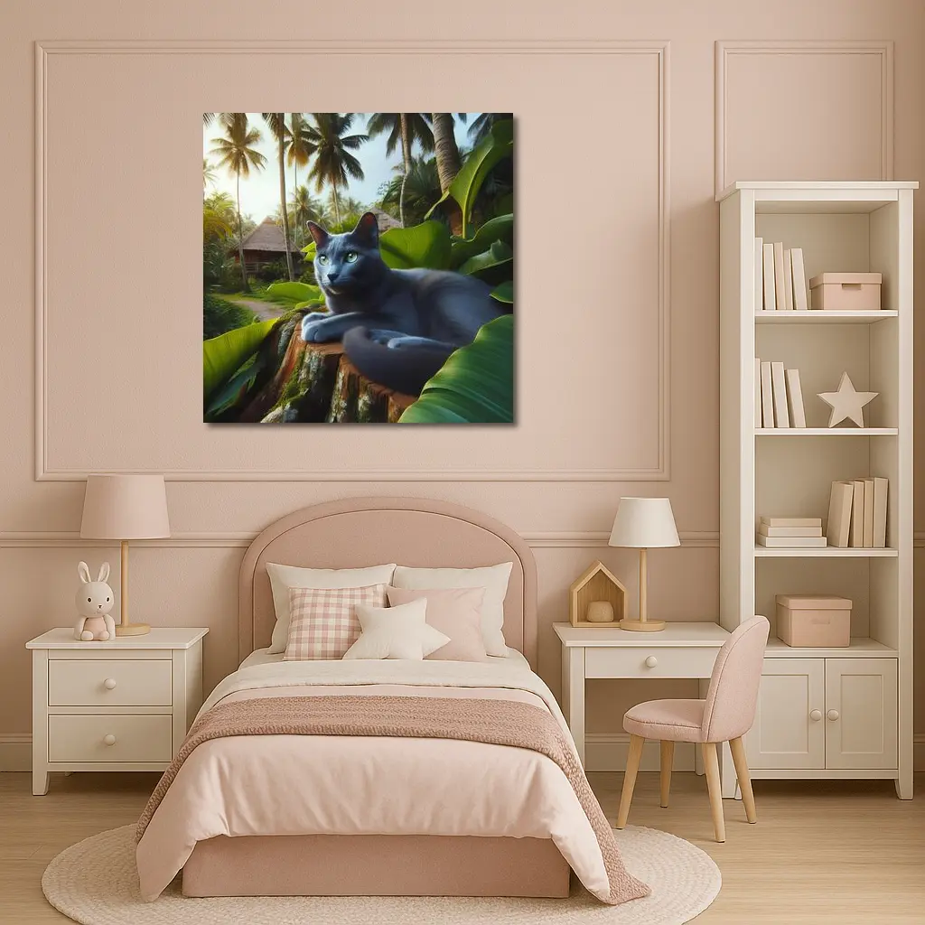 Russian Blue Cat Tropical Jungle Setting – Wall Art