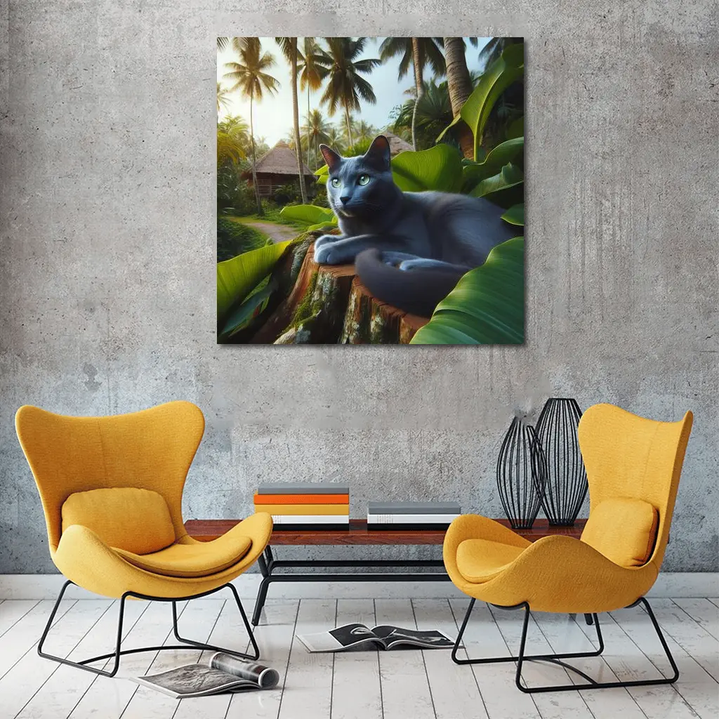 Russian Blue Cat Tropical Jungle Setting – Wall Art