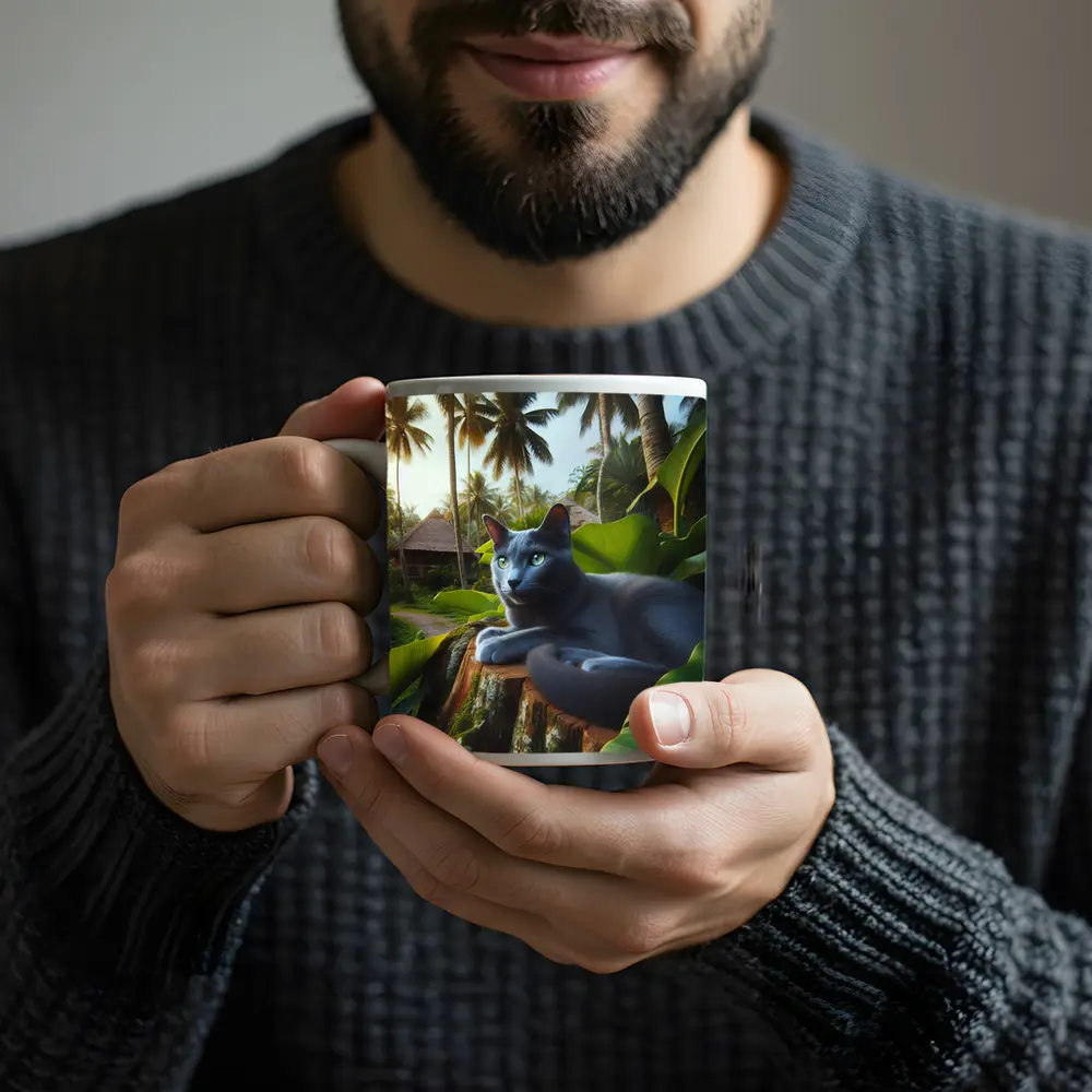 Russian Blue Cat Tropical Jungle Setting – Mugs