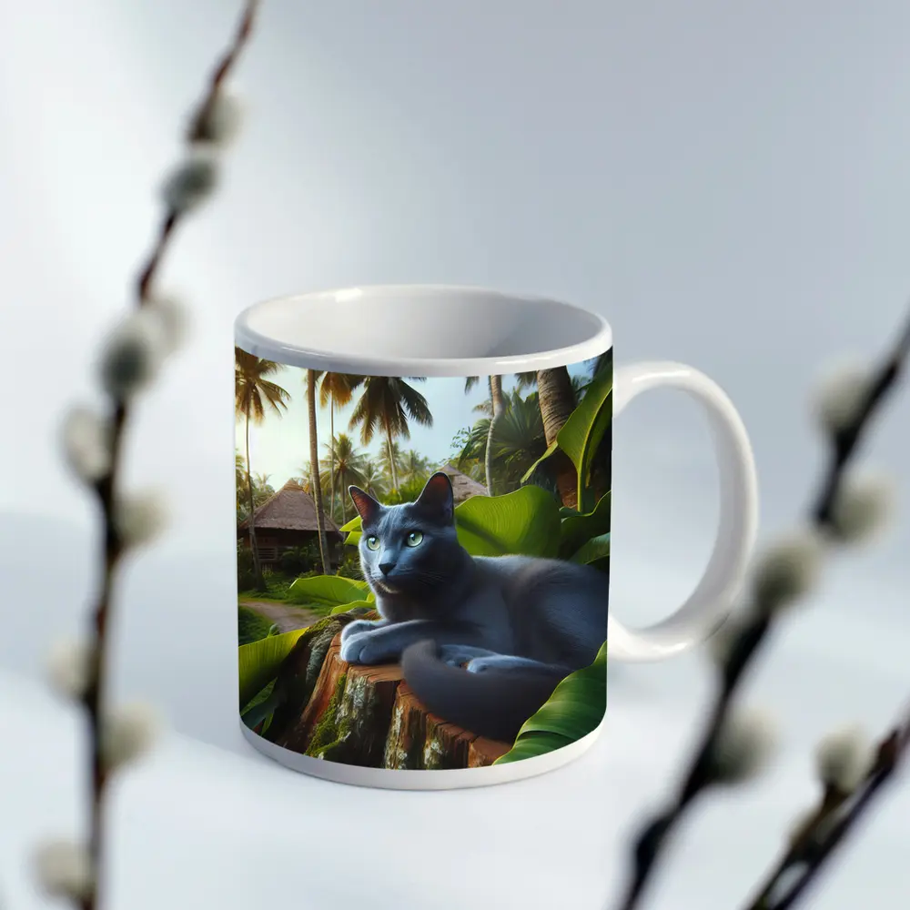 Russian Blue Cat Tropical Jungle Setting – Mugs