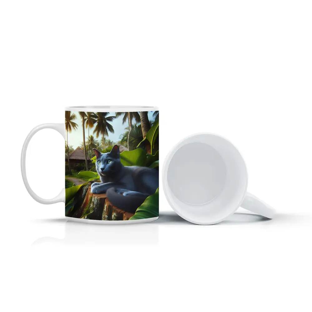 Russian Blue Cat Tropical Jungle Setting – Mugs