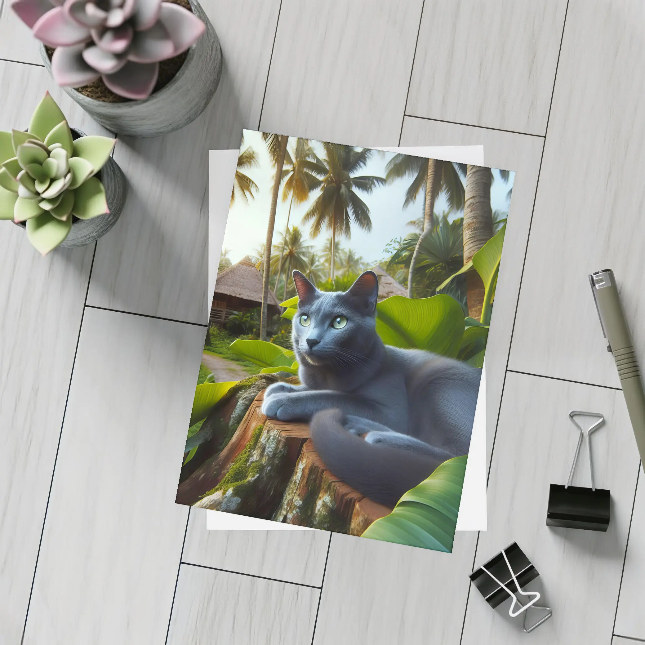 Russian Blue Cat Tropical Jungle Setting – Postcards