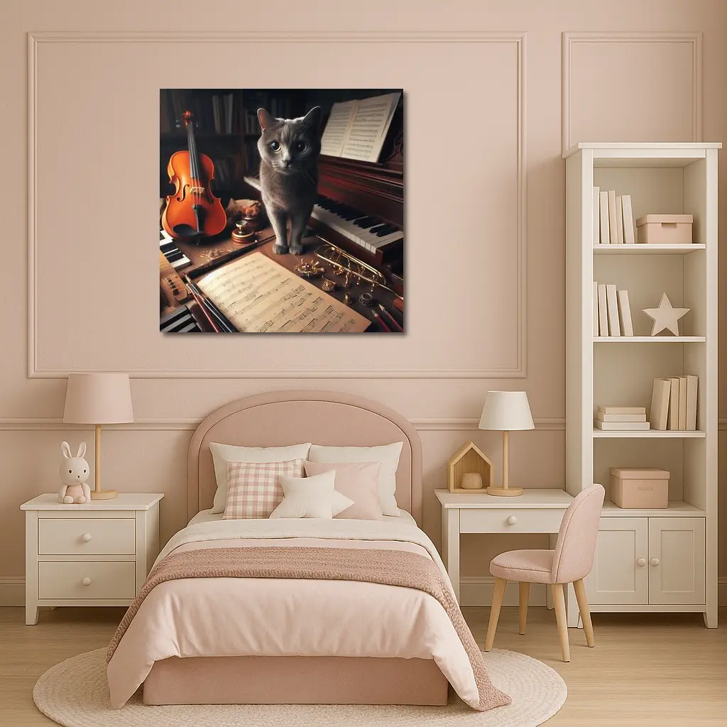 Gray Cat Among Musical Instruments Sheet Music – Wall Art