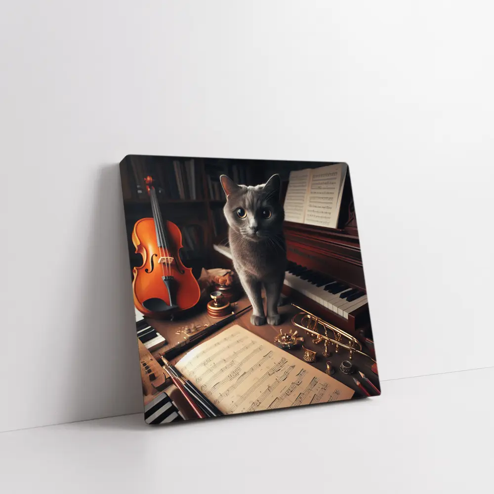 Gray Cat Among Musical Instruments Sheet Music – Wall Art