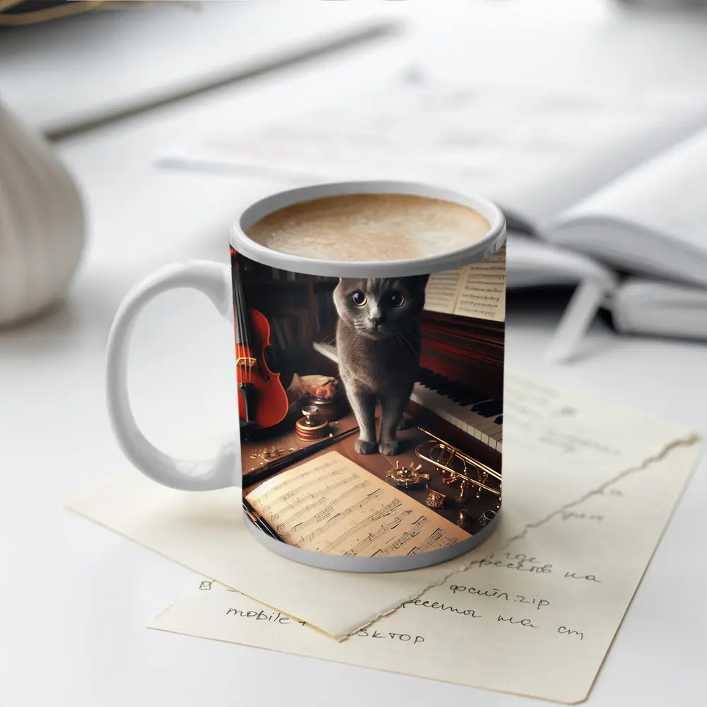 Gray Cat Among Musical Instruments Sheet Music – Mugs