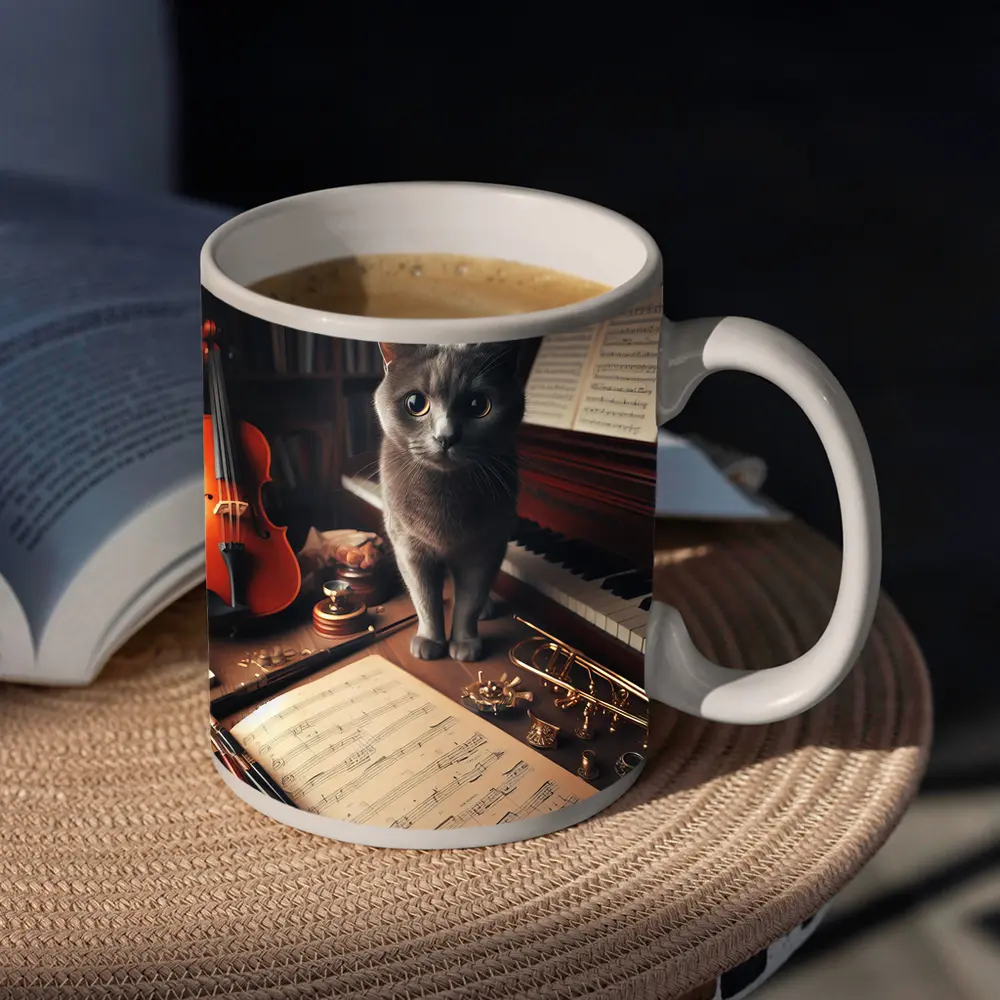 Gray Cat Among Musical Instruments Sheet Music – Mugs