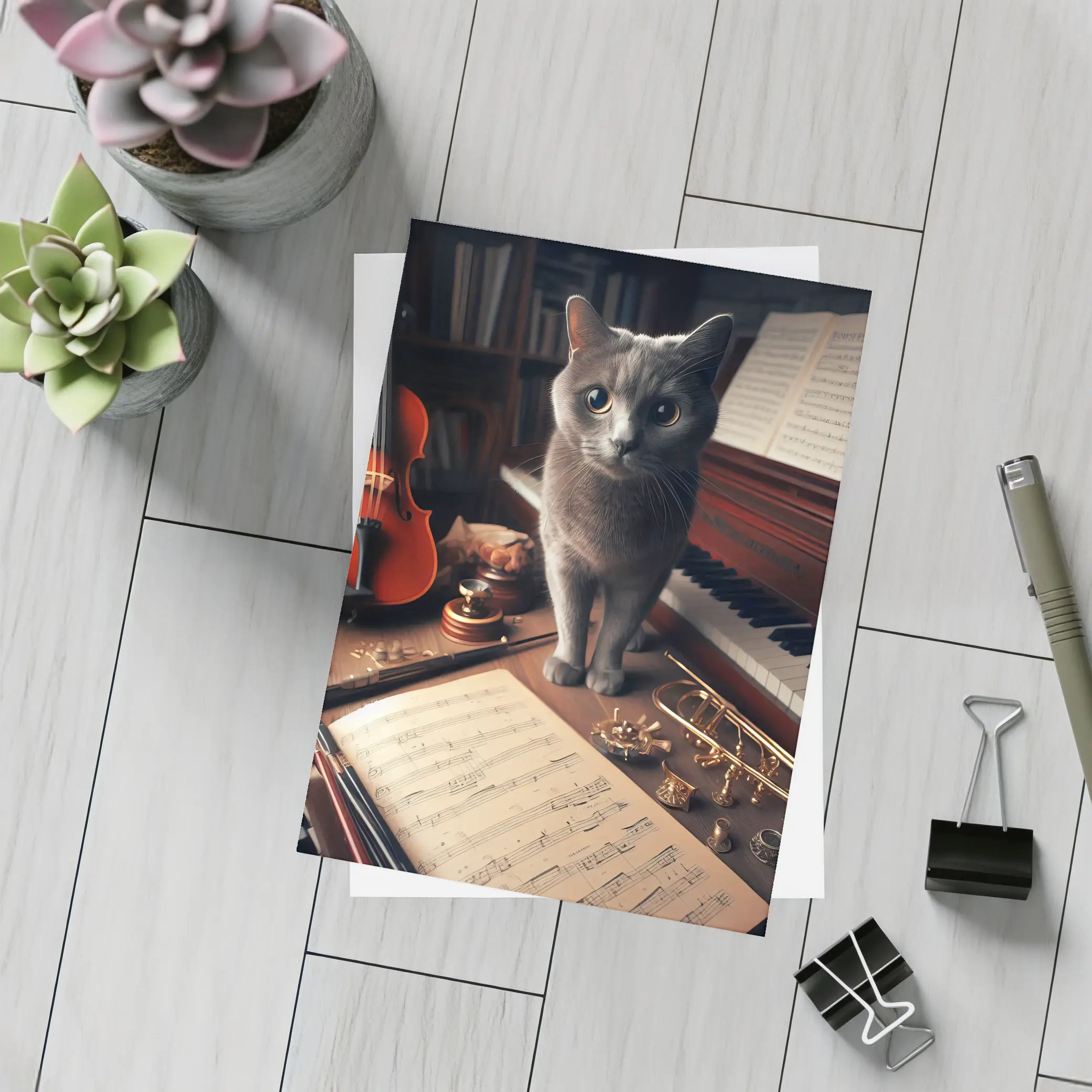 Gray Cat Among Musical Instruments Sheet Music – Postcards