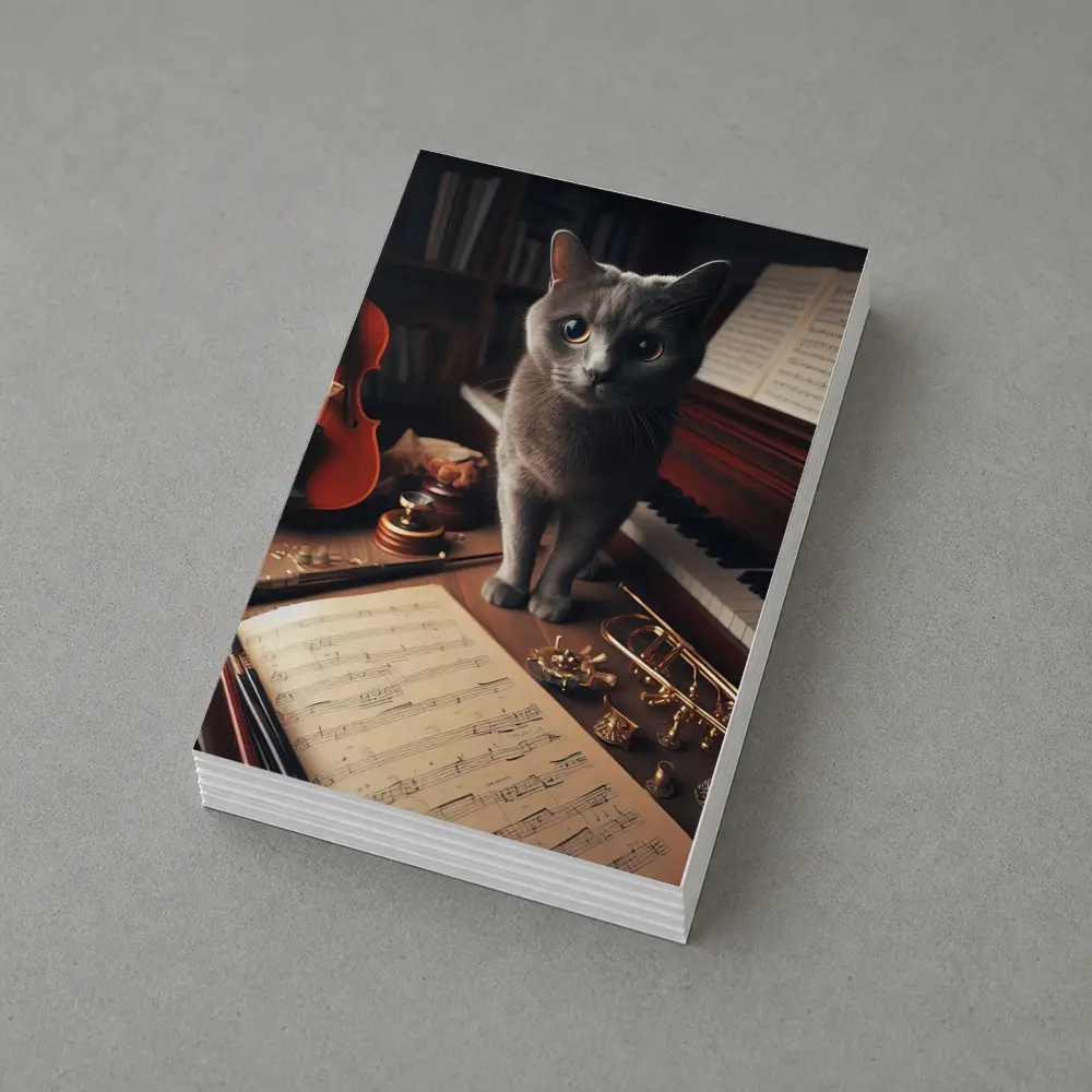 Gray Cat Among Musical Instruments Sheet Music – Postcards