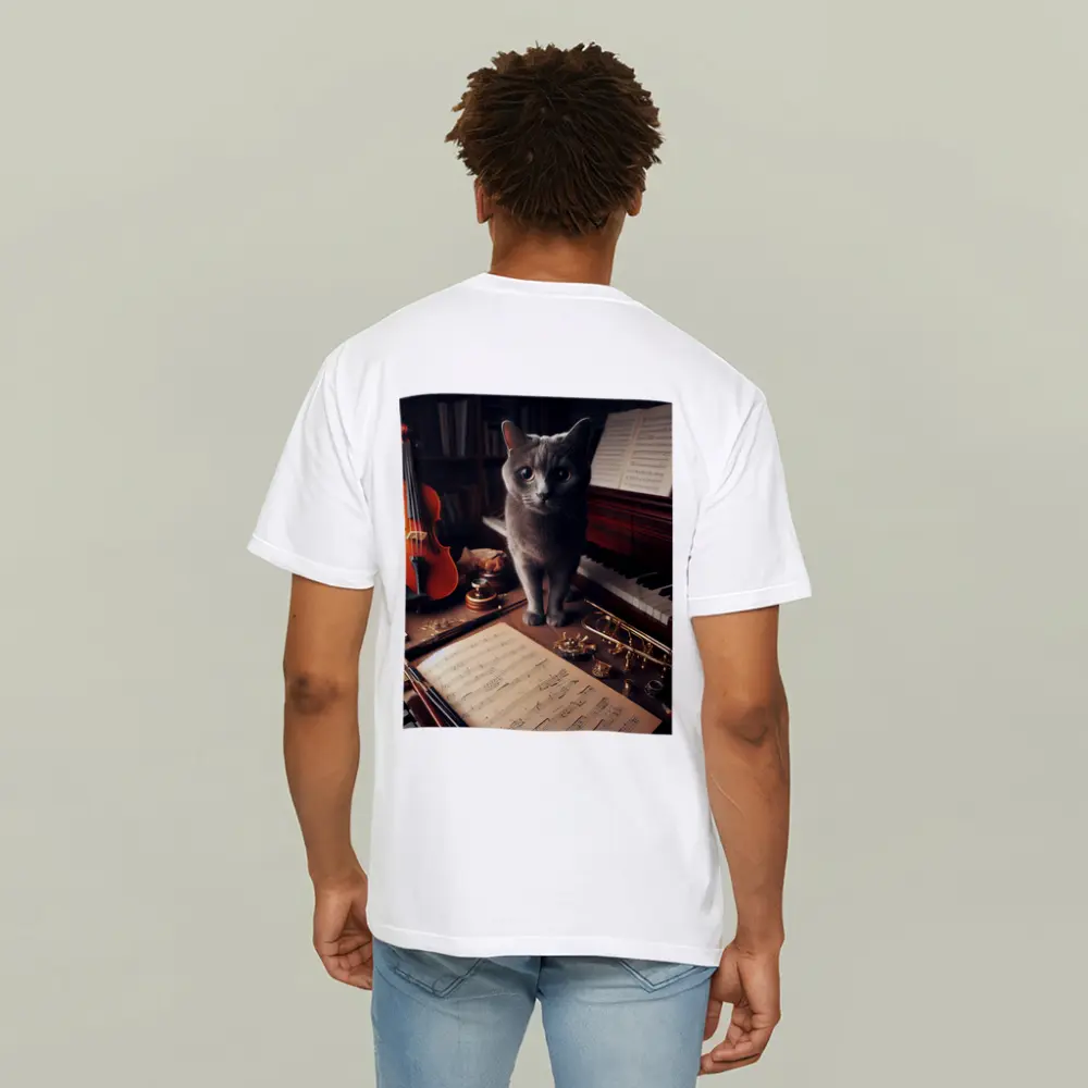 Gray Cat Among Musical Instruments Sheet Music – T-Shirts