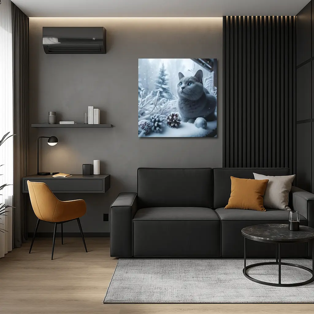 Russian Blue Cat Snow Winter Scene – Wall Art