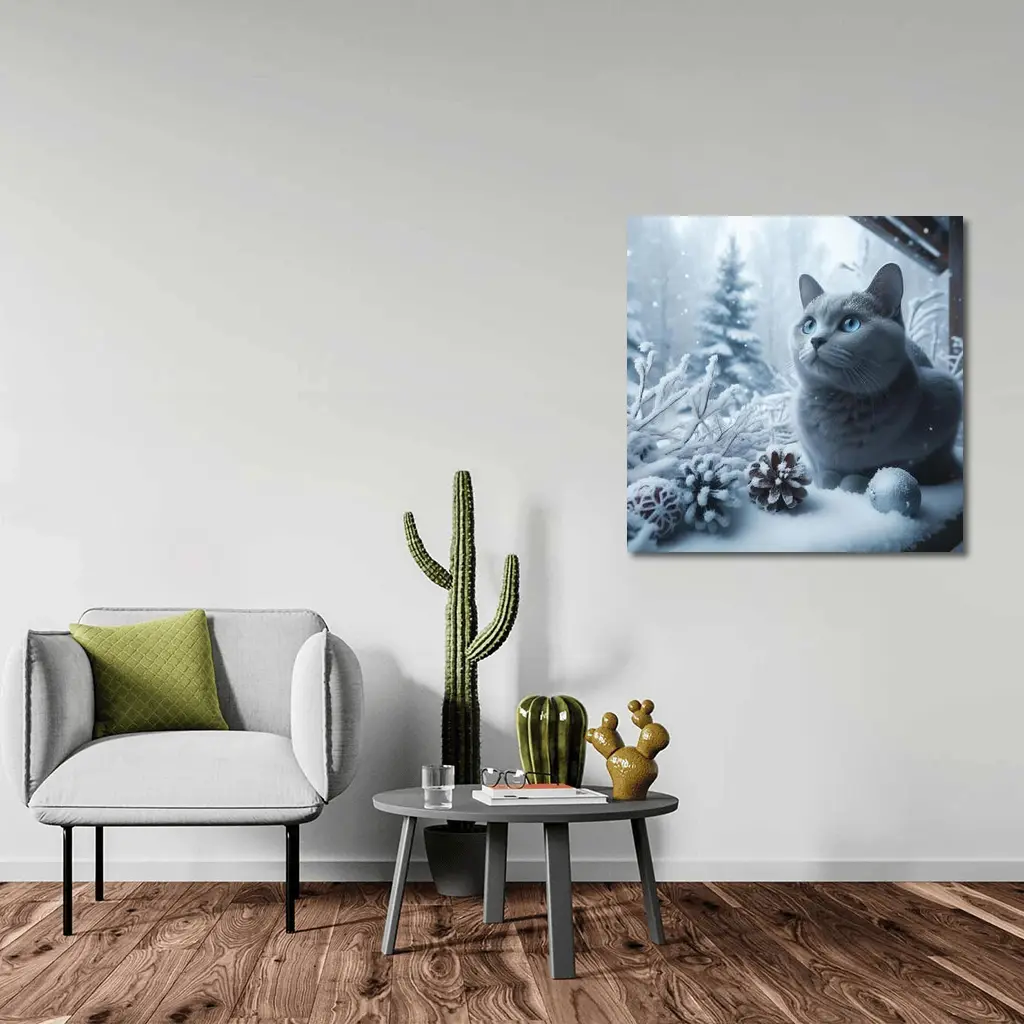 Russian Blue Cat Snow Winter Scene – Wall Art