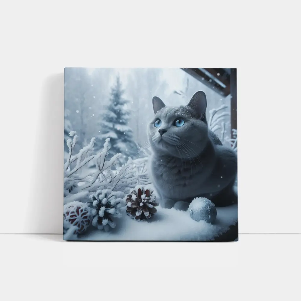 Russian Blue Cat Snow Winter Scene – Wall Art