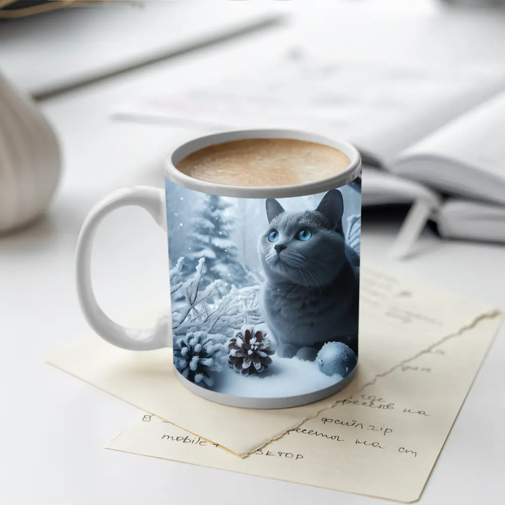 Russian Blue Cat Snow Winter Scene – Mugs