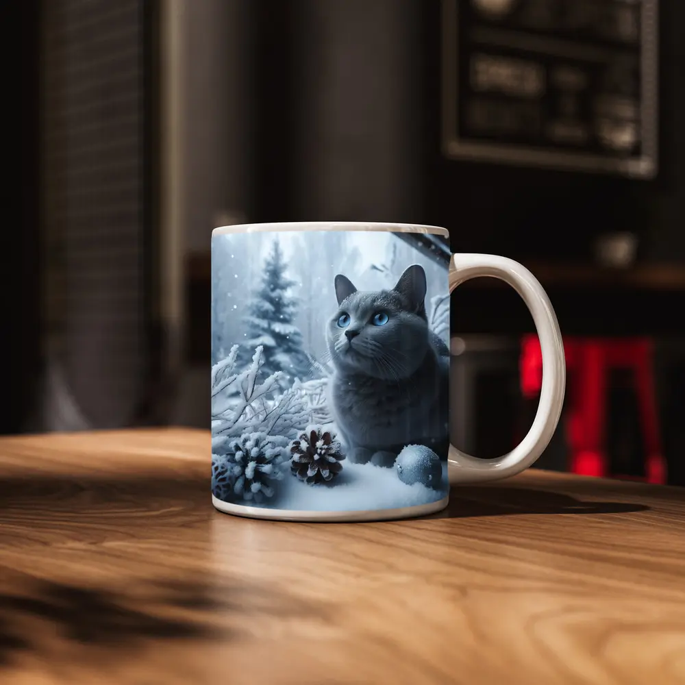 Russian Blue Cat Snow Winter Scene – Mugs