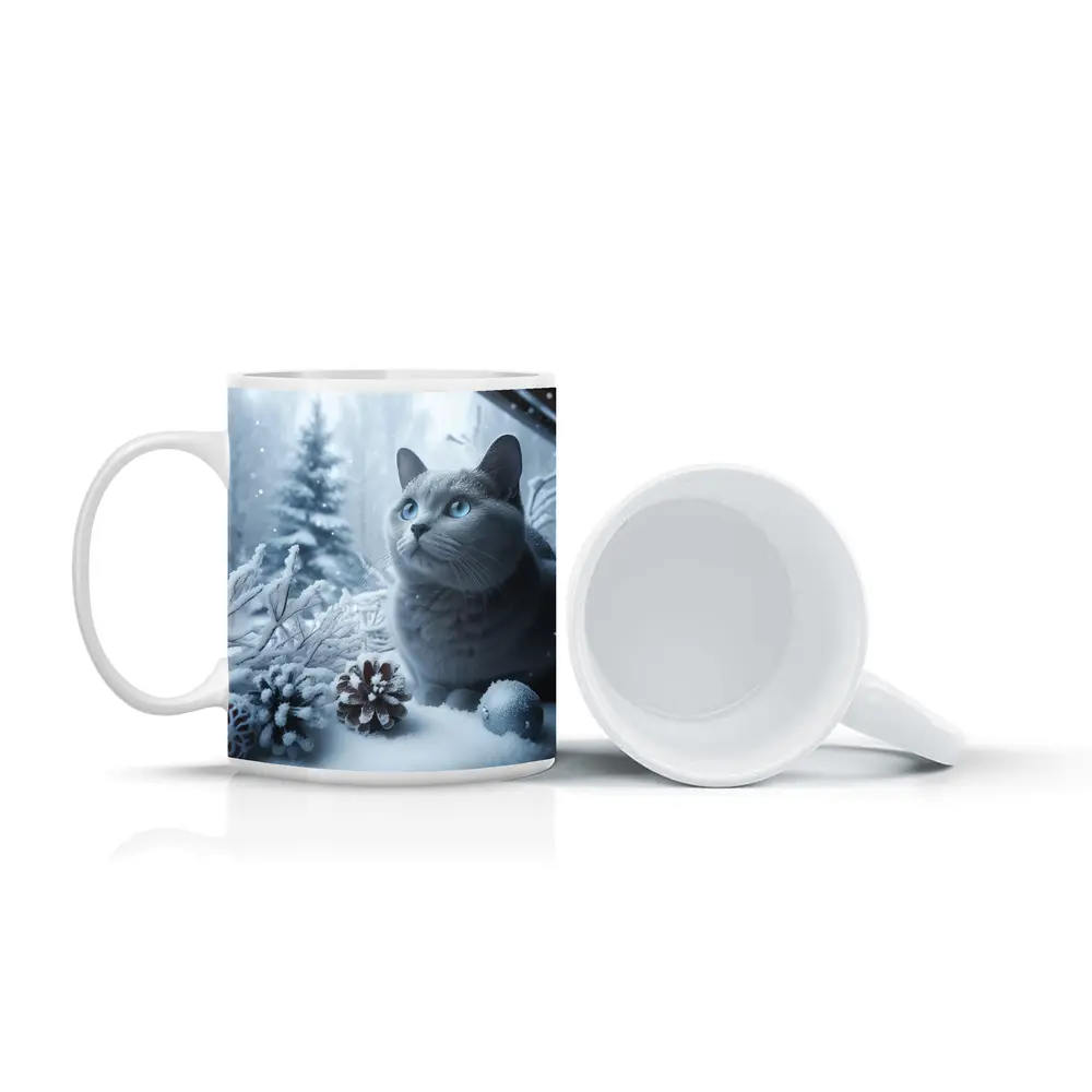Russian Blue Cat Snow Winter Scene – Mugs