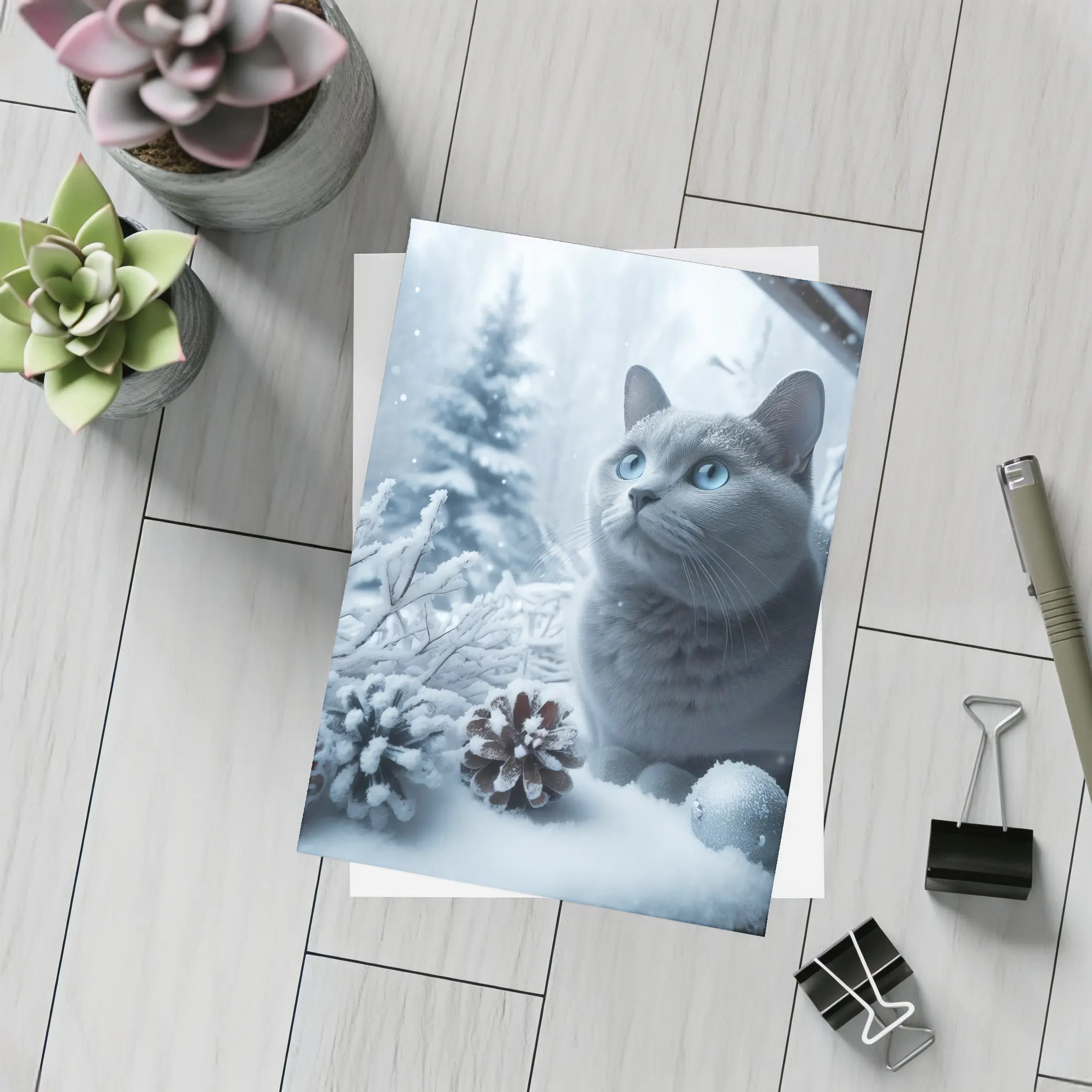 Russian Blue Cat Snow Winter Scene – Postcards