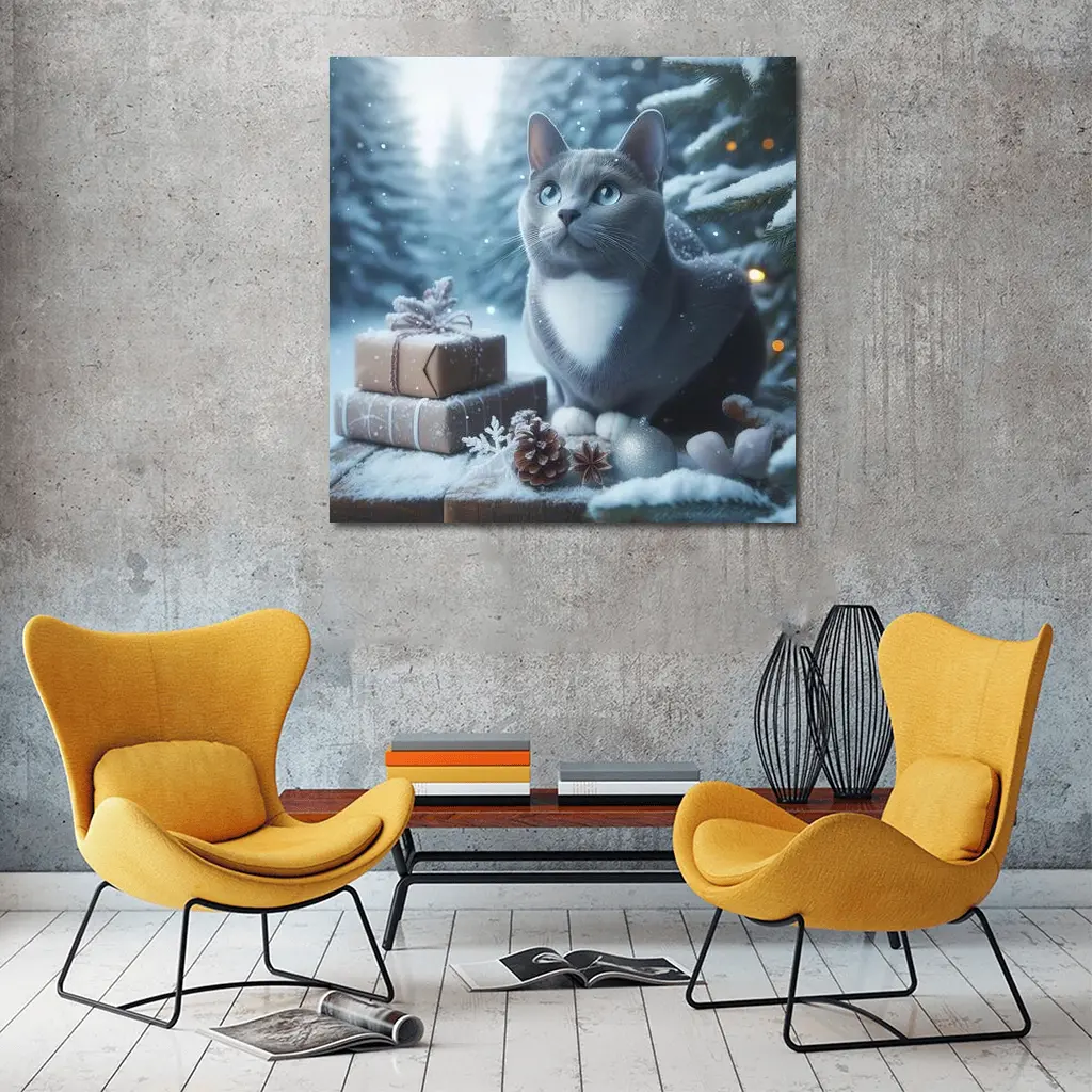 Gray Cat Blue Eyes Winter Christmas Scene – Wall Art