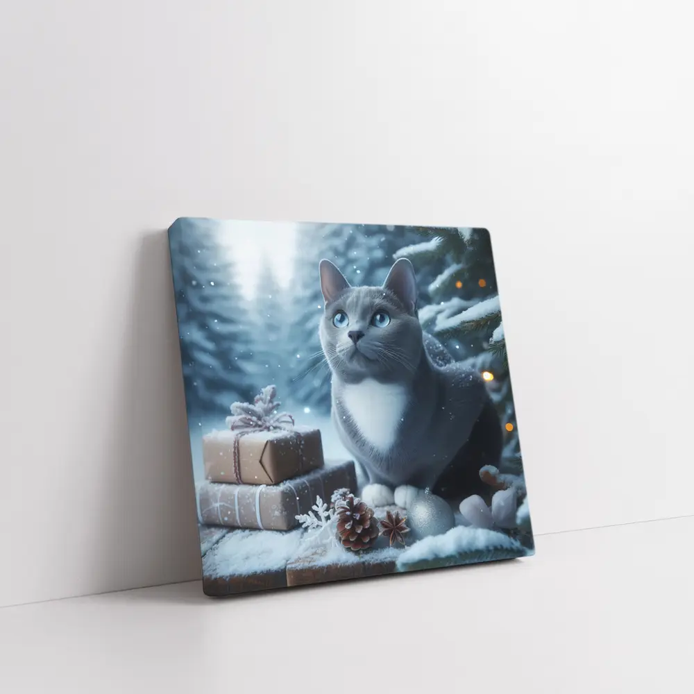 Gray Cat Blue Eyes Winter Christmas Scene – Wall Art